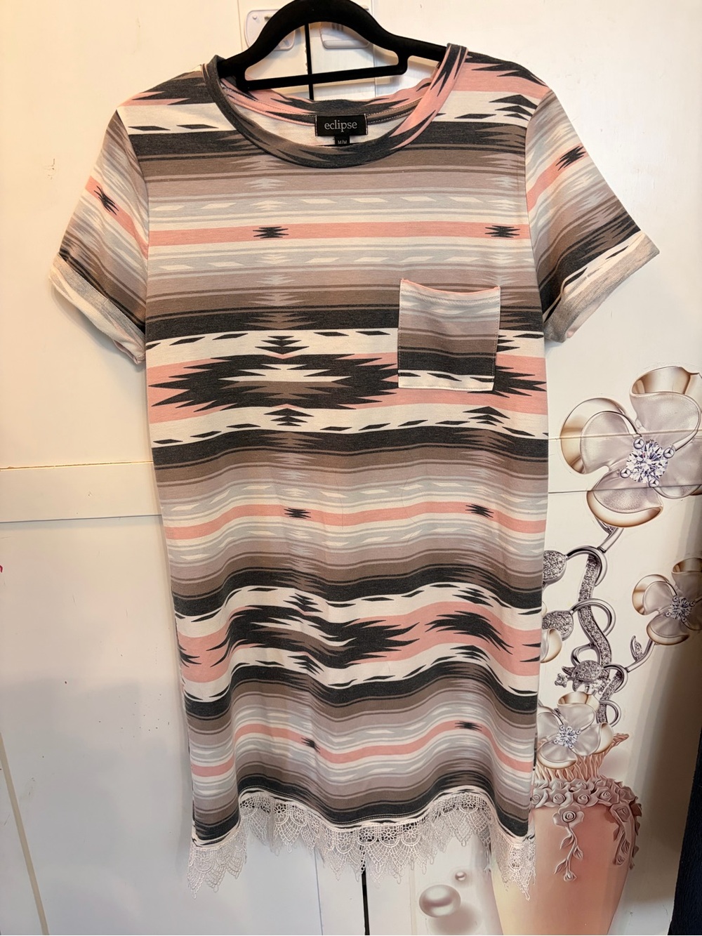 Eclipse Striped Pink, Gray & White Lace-Hem Mini Dress